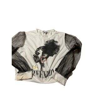 Love J Queendom Graphic Print Mesh Sleeve Top - Womens Large White